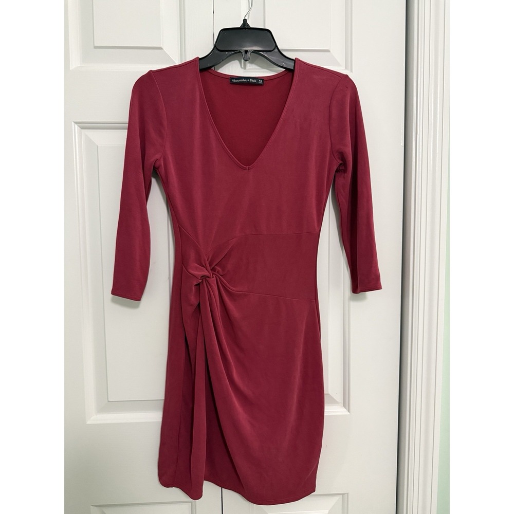 Abercrombie Womens Sz XS Dark Pink Knot Front Mini Bodycon Dress 3/4 Sleeve